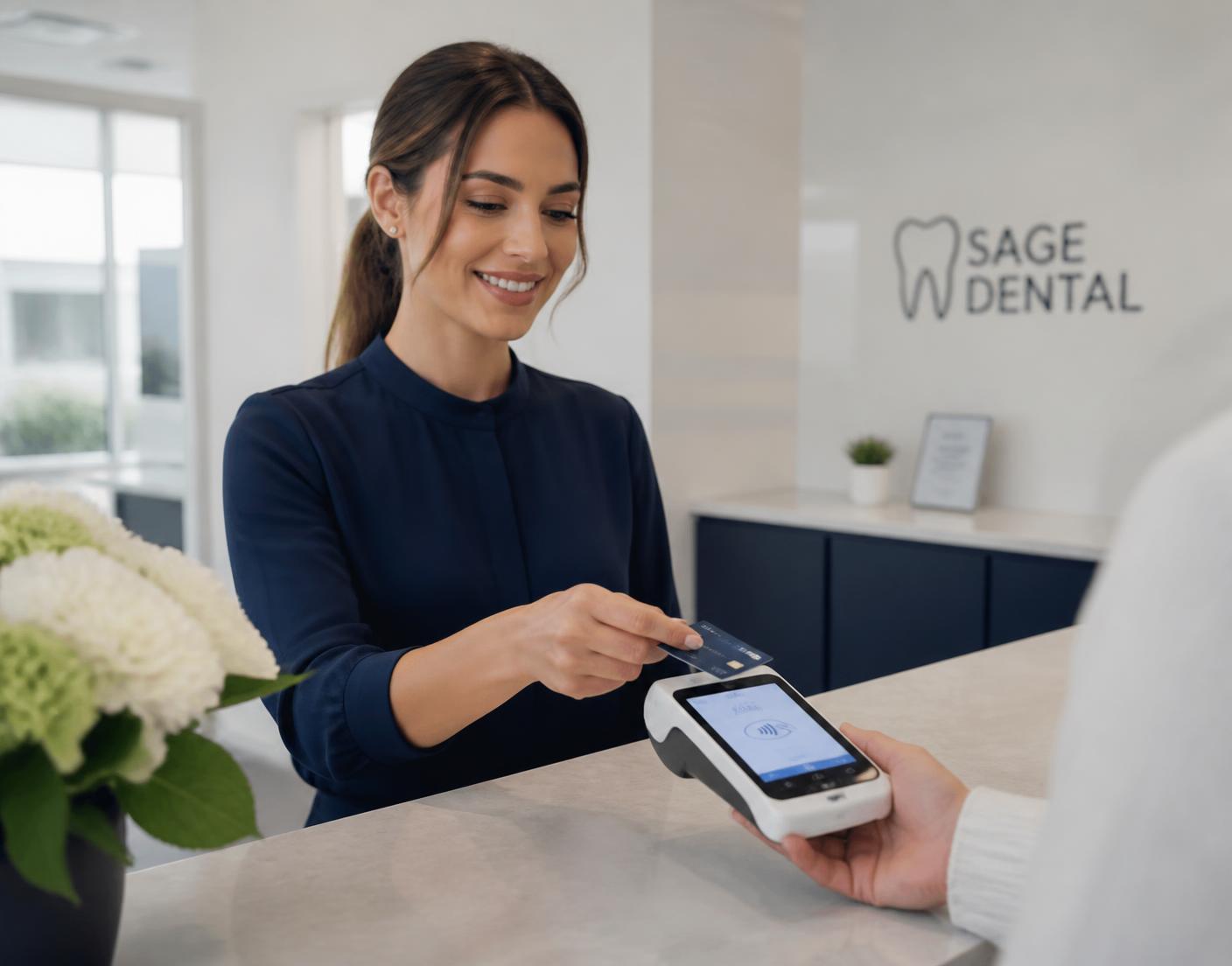 Front-desk staff taking a card payment at a dental practice